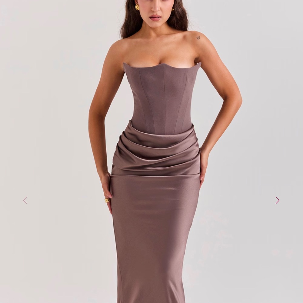 House of CB Strapless Mauve-Taupe Draped Corset Maxi Dress